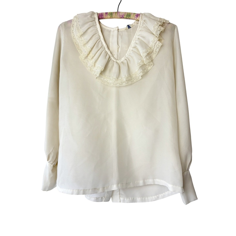 Vintage Sears Cream Ruffle Lace Collar Blouse Sheer Victorian Edwardian Romantic